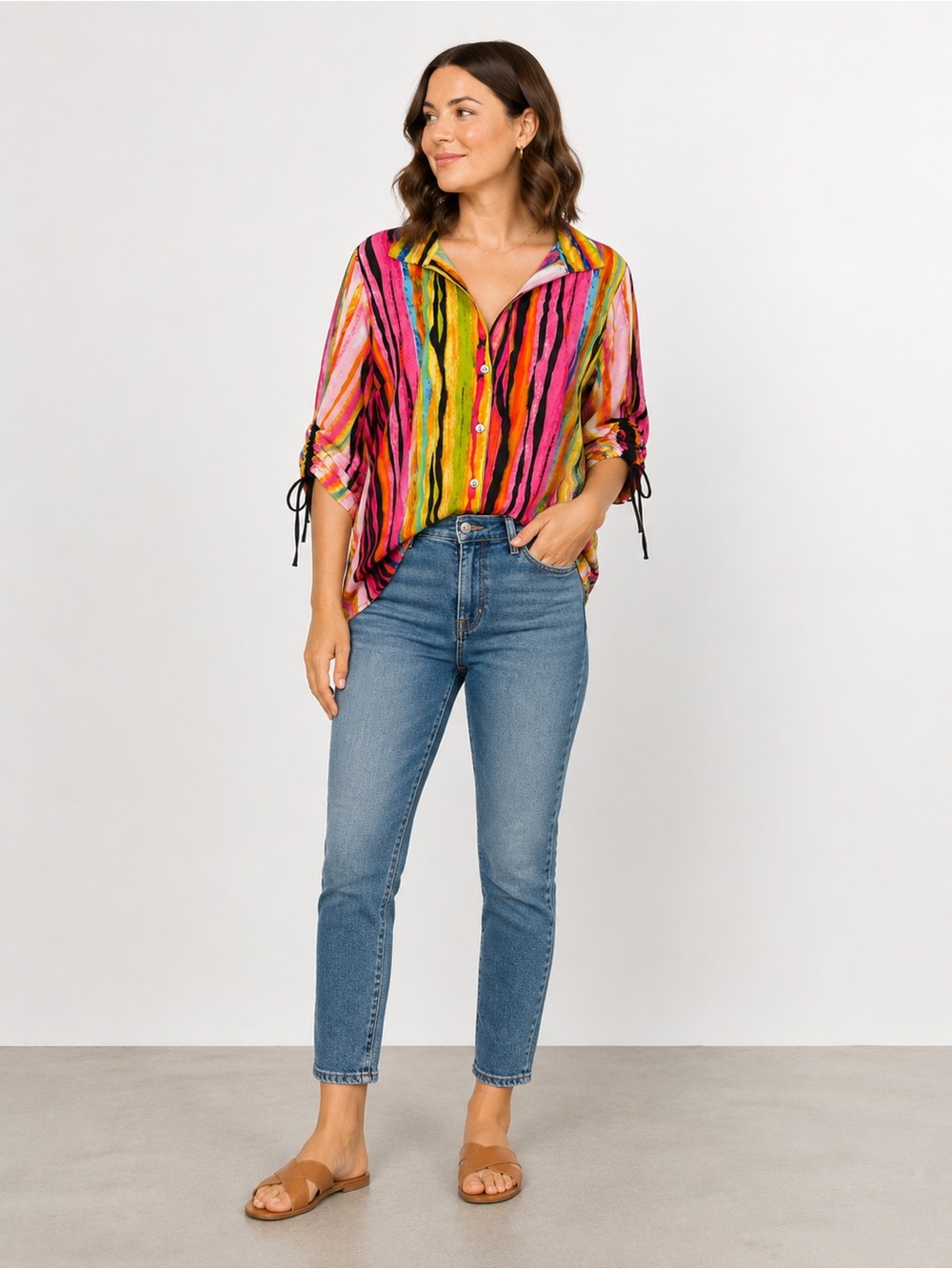John Mark Art to Wear Tunic Blouse M Mixed Print Floral Geometric Wired Collar